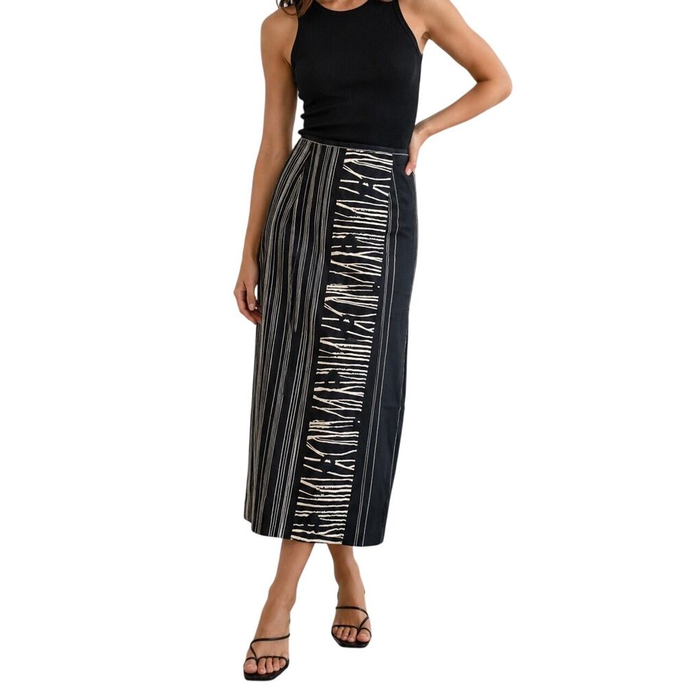 Vintage 1990s Ann Morgan Black & Ivory Abstract Striped Wrap Midi Skirt Small